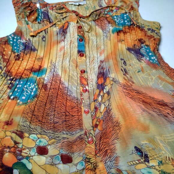 Dressbarn Shirt Large Sleeveless Pleated Button Up Orange Whimsical Forest Fairy - Picture 13 of 16